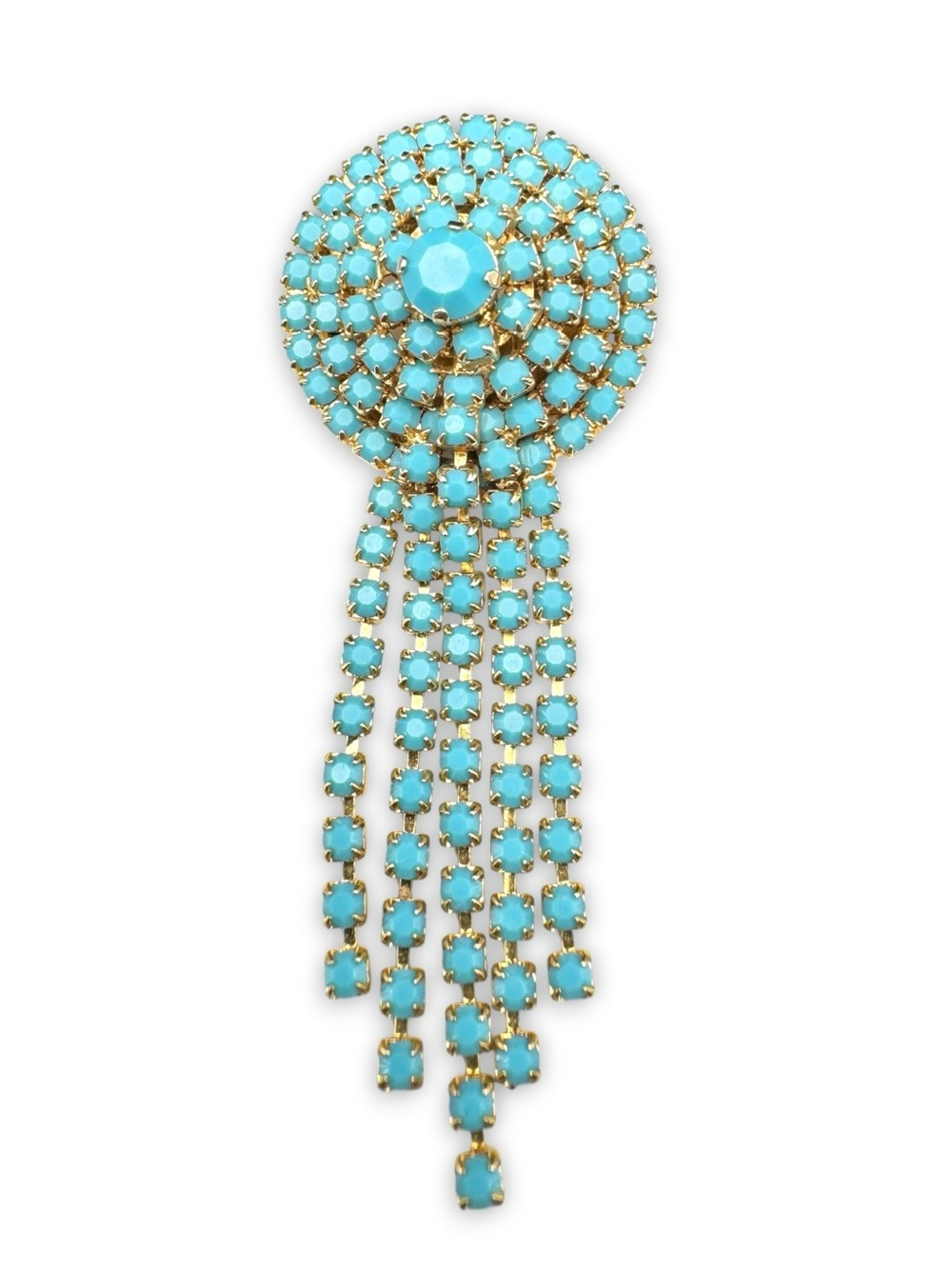Vintage Unmarked Turquoise Blue Rhinestone Dangling Tassel Brooch